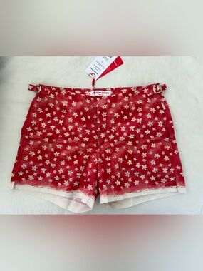 Orlebar Brown Red Floral Print Fabric with White Blossoms